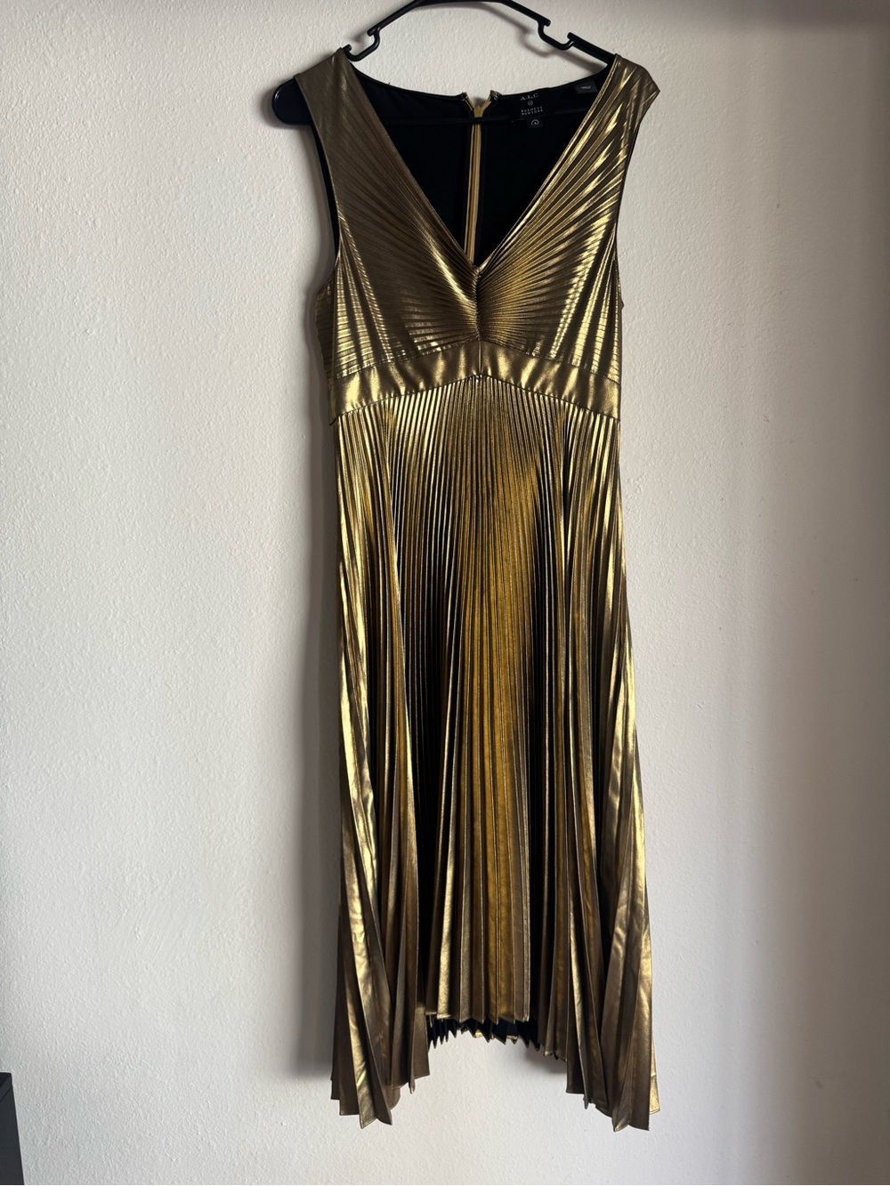 A.L.C. Metallic Gold Pleated V-Neck Midi Dress